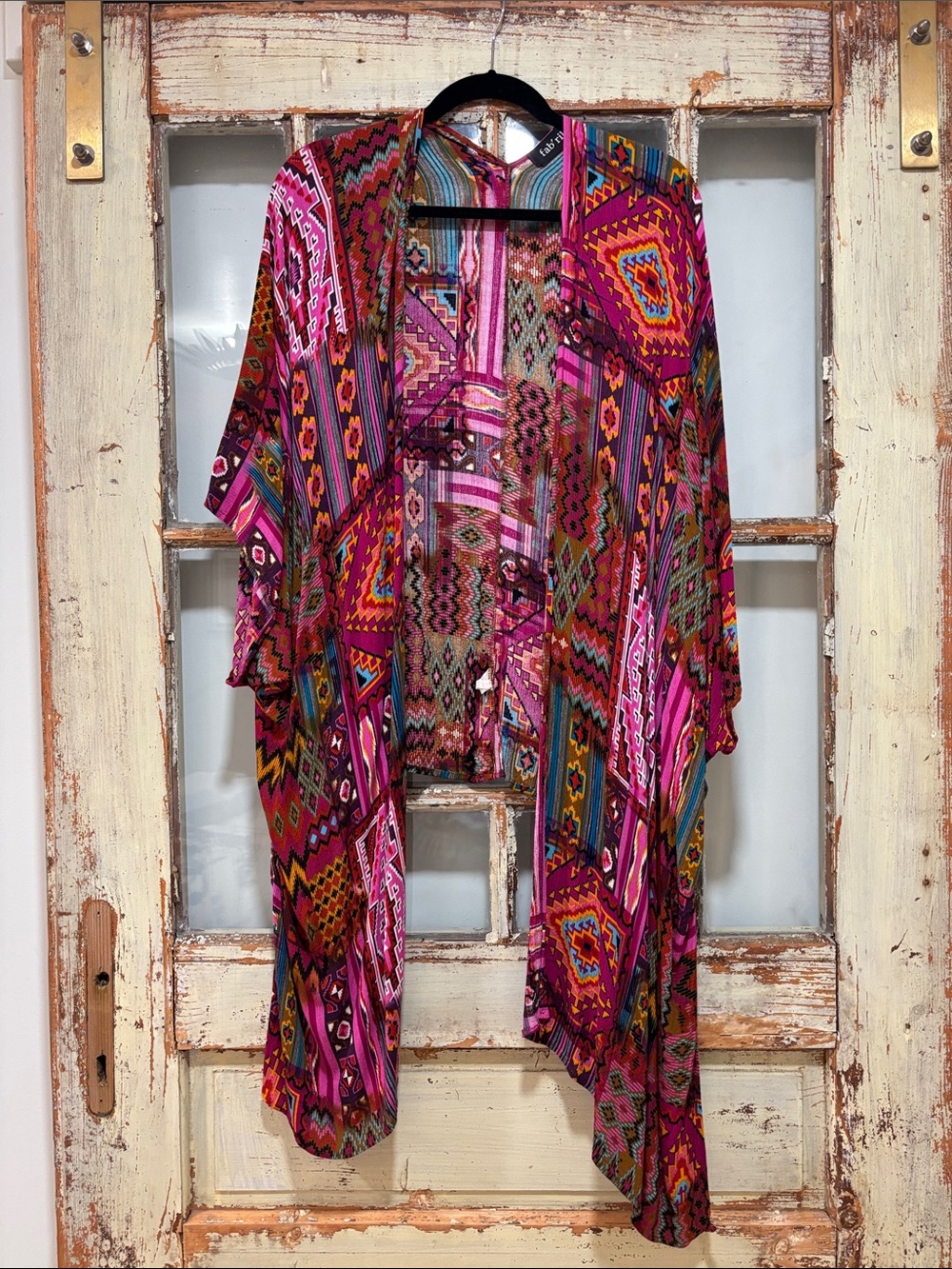 fab'rik Pink Multicolor Aztec-Print Open Kimono Cardigan
